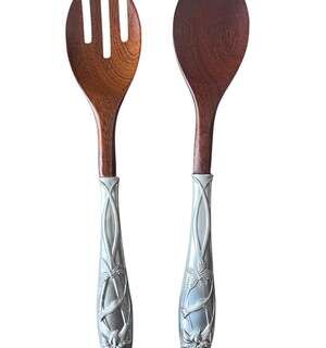 Lenox Wood Embossed Metal Handle Salad Fork And Spoon Set Floral Butterfly 14.5”